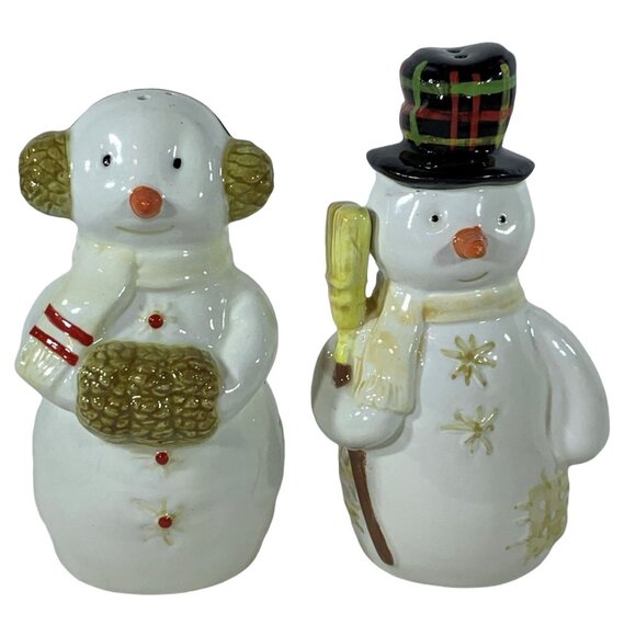 Vintage Hallmark Snowman Salt Pepper Shaker Set Ceramic Christmas Table Decor - Picture 1 of 9